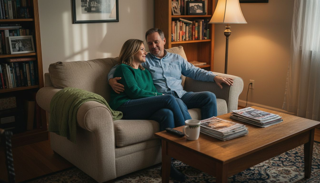 Couple relaxing in warmly lit living room