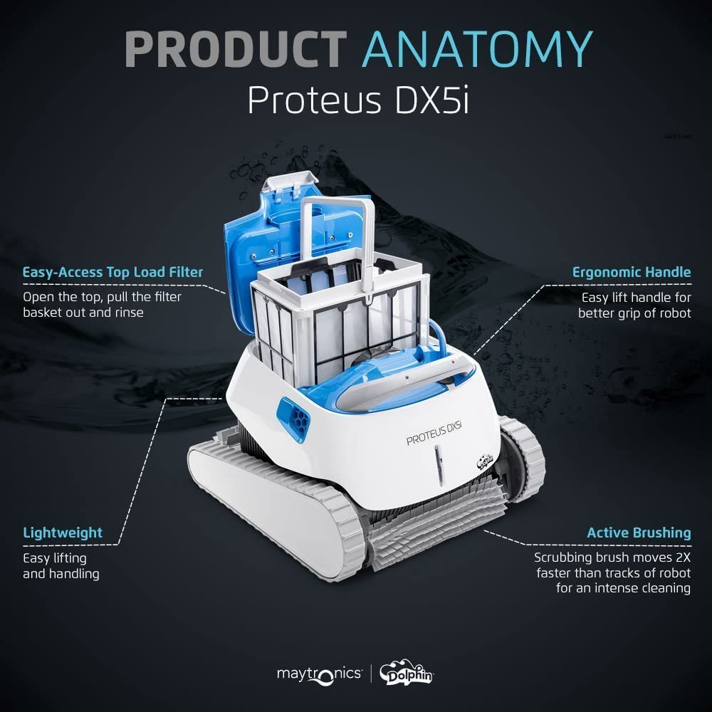 Dolphin Proteus DX5i Wi-Fi Robotic Pool Vacuum Cleaner Pools up to 50 FT – Waterline Scrubber Brush