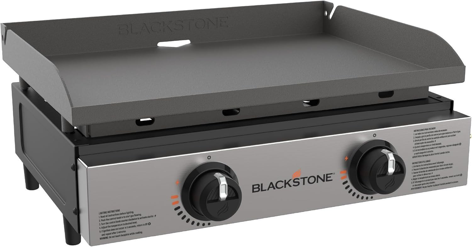 Blackstone 22″ Portable Tabletop Griddle – Dual Burner Flat Top Grill, 24,000 BTU Propane with Stainless Steel Faceplate & Rear Grease System