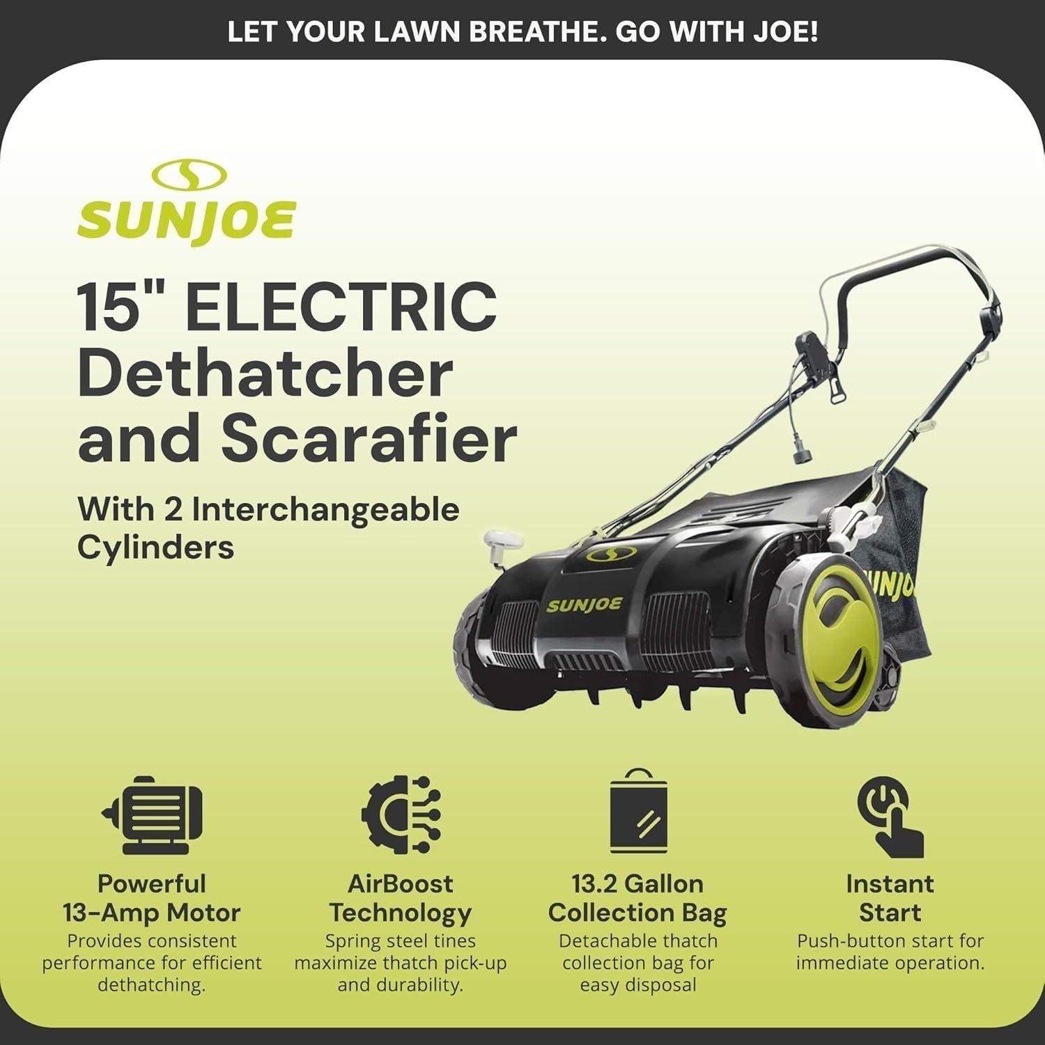 Sun Joe AJ805E 13A Electric Dethatcher & Scarifier, 15 in.