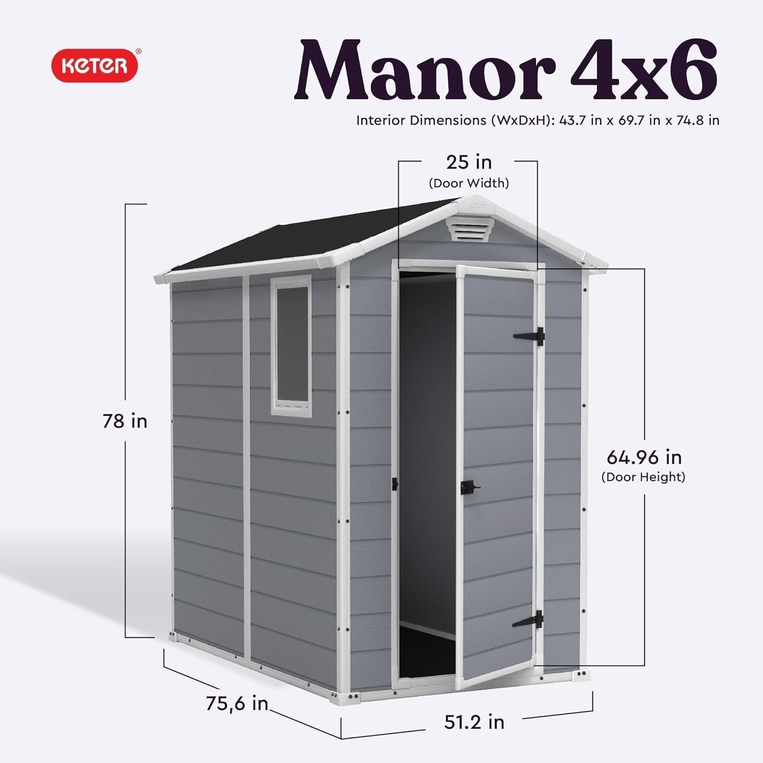 Keter Manor 4×6 Resin Outdoor Storage Shed Kit-Perfect to Store Patio Furniture, Garden Tools Bike Accessories, Beach Chairs and Lawn Mower, Grey & White
