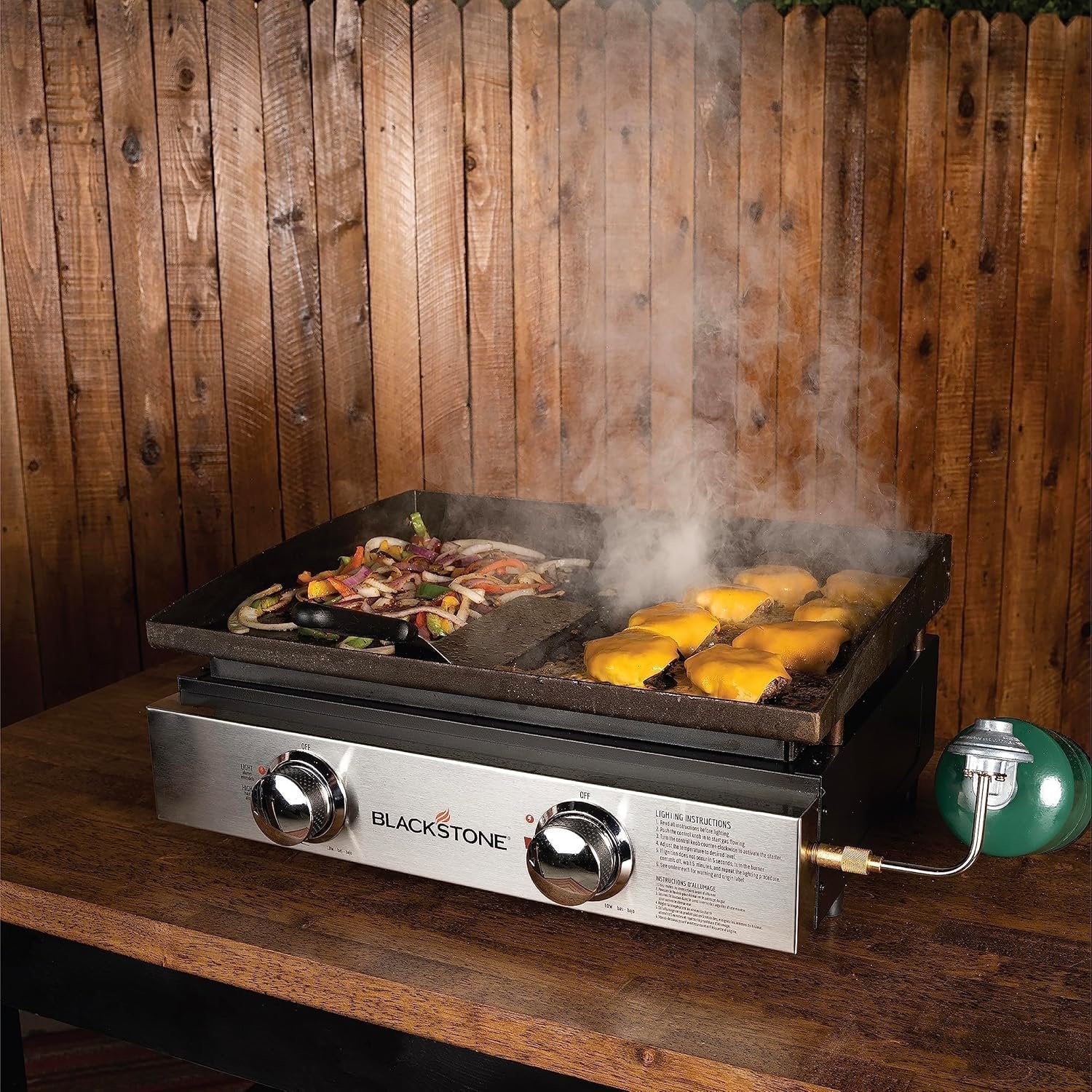 Blackstone 22″ Portable Tabletop Griddle – Dual Burner Flat Top Grill, 24,000 BTU Propane with Stainless Steel Faceplate & Rear Grease System