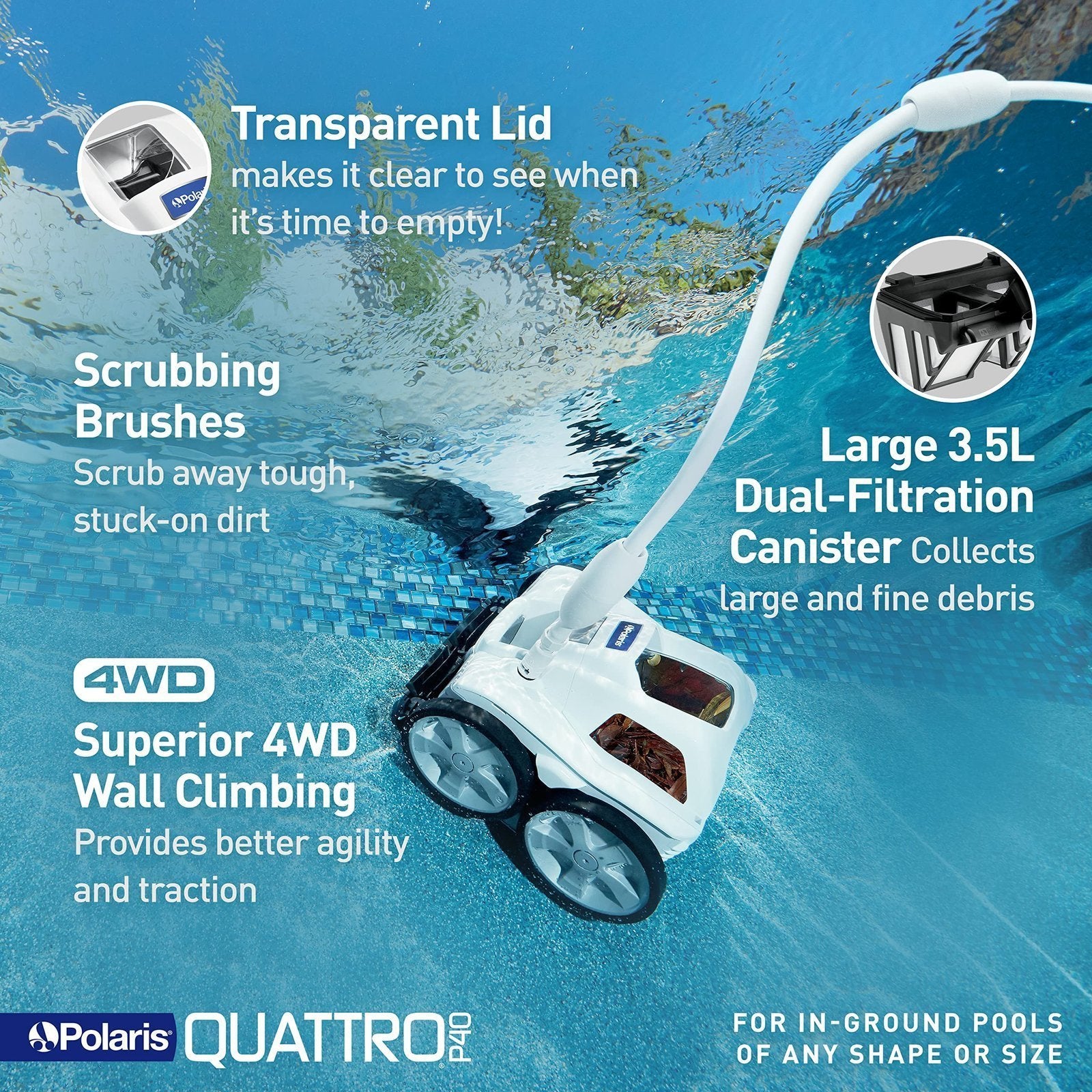 Polaris Quattro P40 Pressure Side Pool Cleaner for All In-Ground Pool Surfaces, Large-Capacity Dual Filtration Canister, 31′ Hose & Transparent Lid to View Debris