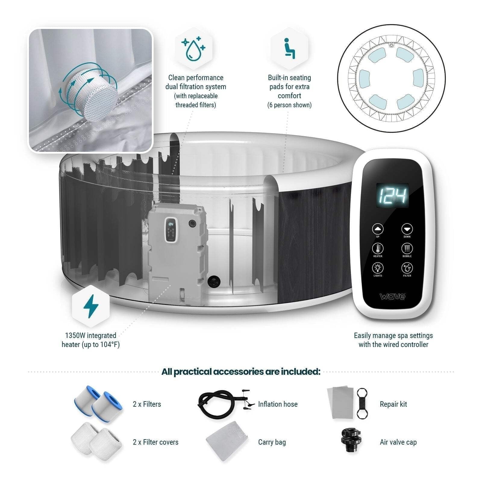 Wave Atlantic 4-Person Round inflatable Hot Tub with integrated Heater and Aquajet Massage System