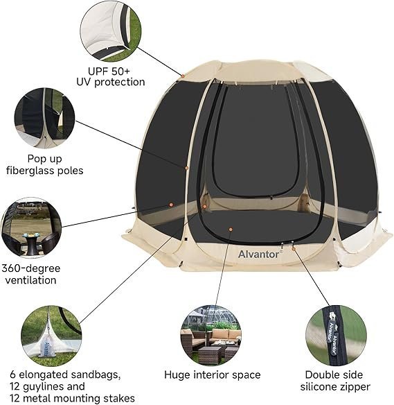 Alvantor Pop Up Screen House Gazebo with Mosquito Netting, Instant UV Resistant Sun Shelter for Patio & Backyard, Portable Canopy Tent for 2-10 Person - TryIlluminate