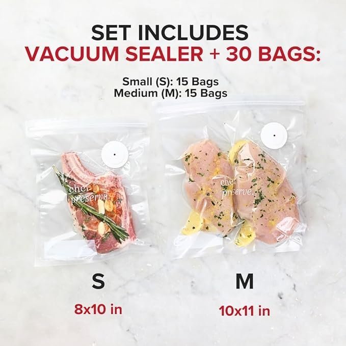 Chef Preserve Compact Vacuum Sealer for Food (Vacuum Sealer Machine + 30 Reusable Vacuum Bags) Powerful Handheld Vacuum Sealer Machine, Seal Meal Saver, Portable Food Sealer - TryIlluminate