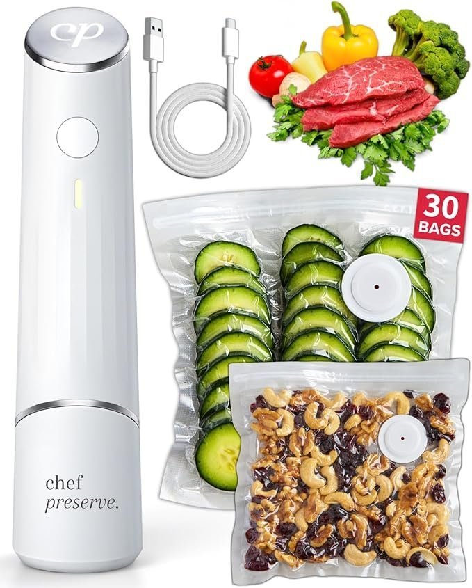Chef Preserve Compact Vacuum Sealer for Food (Vacuum Sealer Machine + 30 Reusable Vacuum Bags) Powerful Handheld Vacuum Sealer Machine, Seal Meal Saver, Portable Food Sealer - TryIlluminate