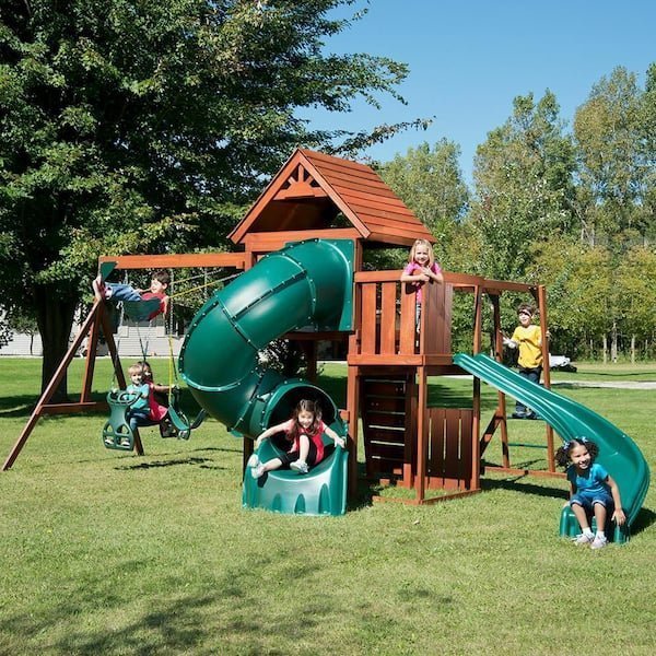 DIY Grandview Twist Deluxe Wood Outdoor Playground Set with Slides, Rock Wall, Swing Set, and Playground Equipment - TryIlluminate