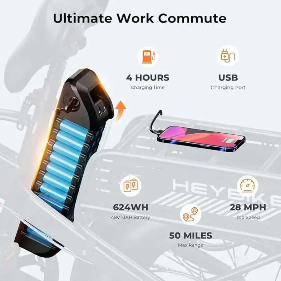 Heybike Fat Tire Mountain Electric Bikes, 1200 W, 45 Miles, 1~3 Pedal Assist, Greys - TryIlluminate
