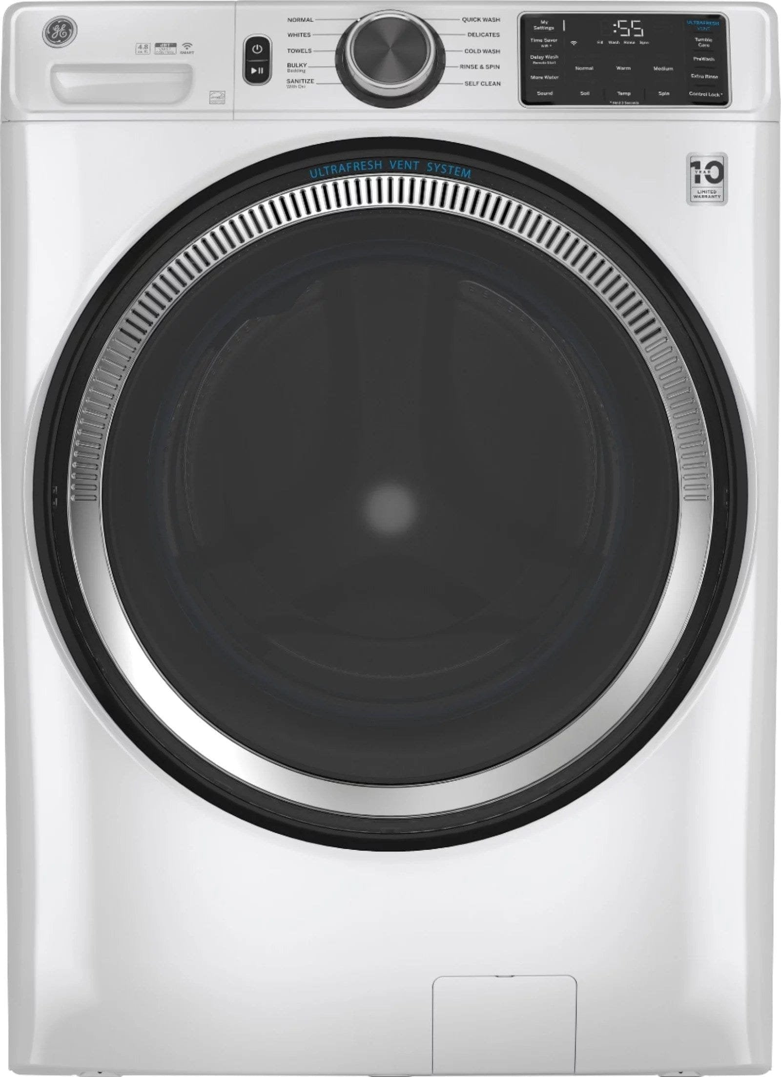GE – 4.8 CuFt High-Efficiency Stackable Smart Front Load Washer w/UltraFresh Vent System & Microban Antimicrobial Technology – White on white