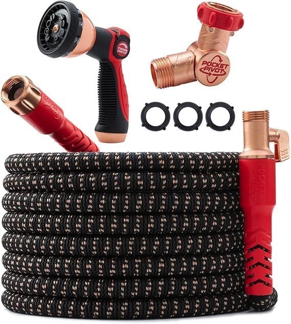 Pocket Hose 100 FT Copper Head Expandable Garden Hose with Pocket Pivot, No Tangles, AS SEEN ON TV, 360° Swivel, Tri-Tex Tubing, Force Field Jacket, Lead-Free, No-Kink, Anti-Burst w/APT - TryIlluminate