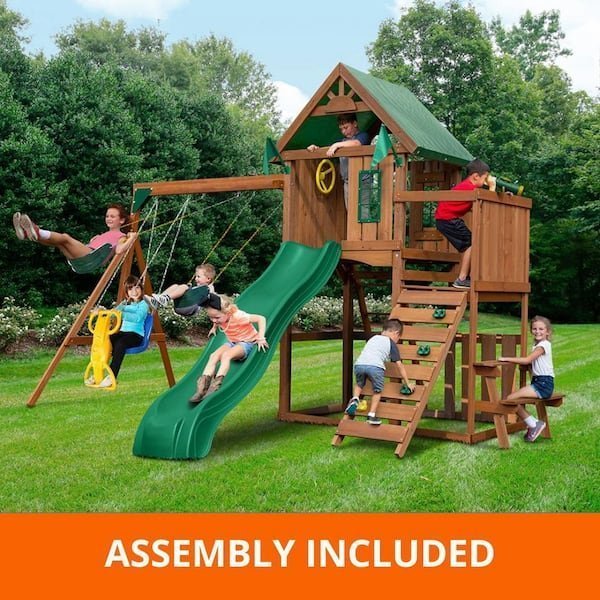 Professionally Assembled Knightsbridge Wooden Outdoor Playground Set with Slide, Rock Wall, Swing Set, and Accessories - TryIlluminate