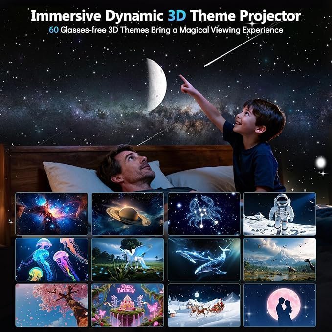 Rossetta 3D Projector, 60 Themes HD 3D Galaxy Projector with Bluetooth Speaker & Remote, 1H/2H Timer, Night Light for Bedroom, Home Decor, Party, Birthday & Christmas Gifts for Adults, Girls, Boys - TryIlluminate
