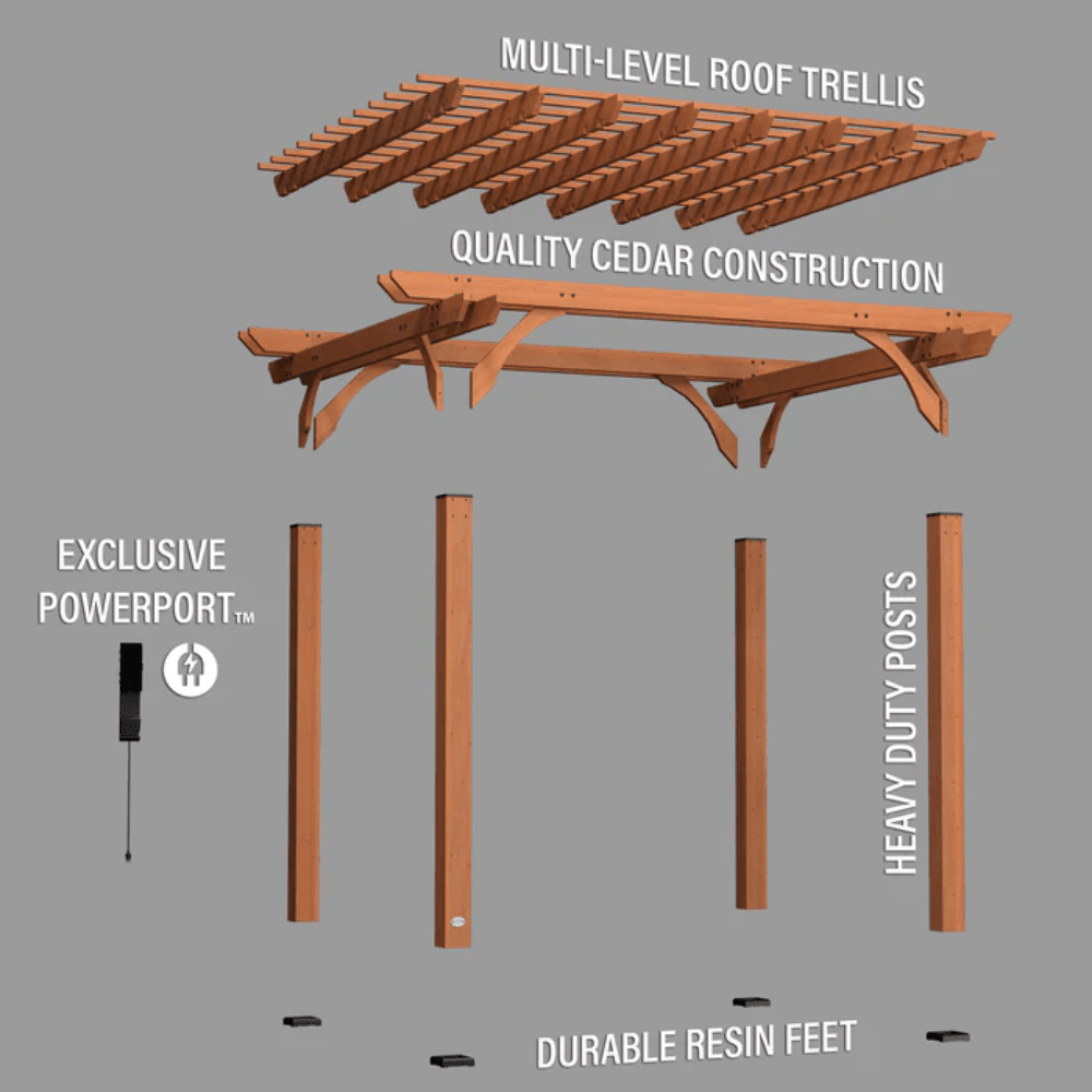 Backyard Discovery 12' x 10' Cedar Wood Pergola Garden Arbor Patio Shade Structure with PowerPort and Anchoring Feet
