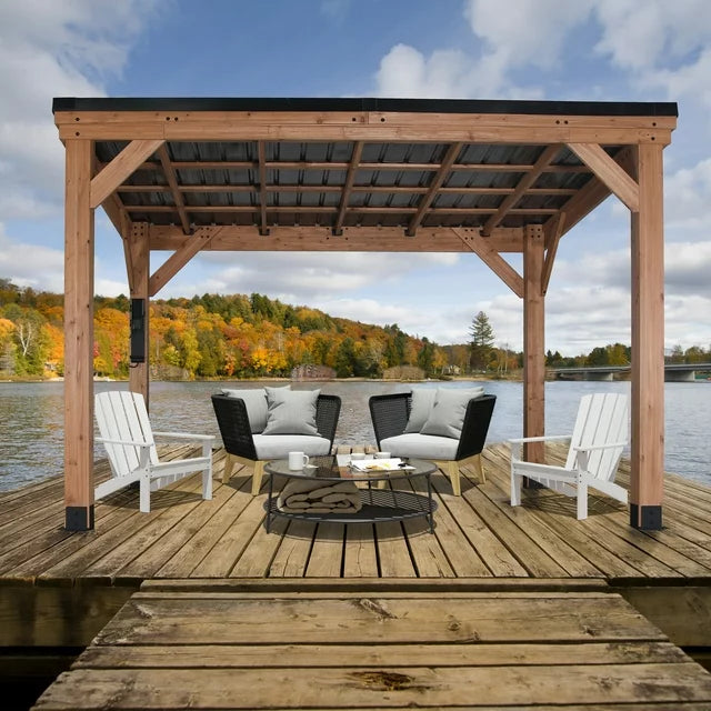 Backyard Discovery Arcadia 12' x 9.5' Cedar Wood Slope Roof Gazebo Patio Pavilion with Black Steel Roof and PowerPort
