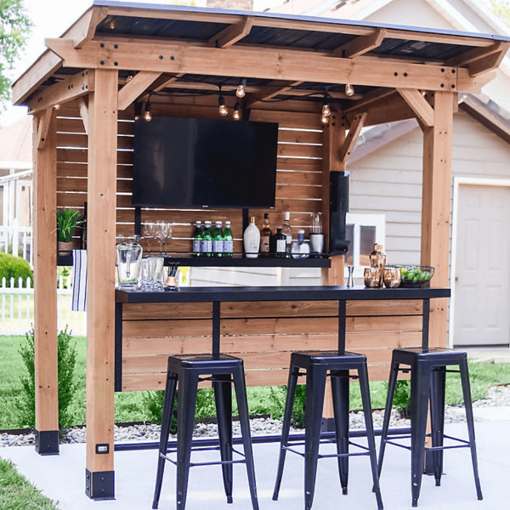 Backyard Discovery Cedar Springs Cedar Wood Outdoor Bar Set with Steel Countertops Shelving and TV Mount Privacy Wall