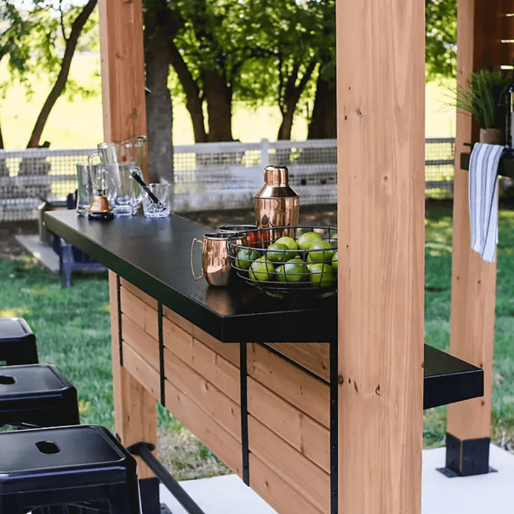 Backyard Discovery Cedar Springs Cedar Wood Outdoor Bar Set with Steel Countertops Shelving and TV Mount Privacy Wall