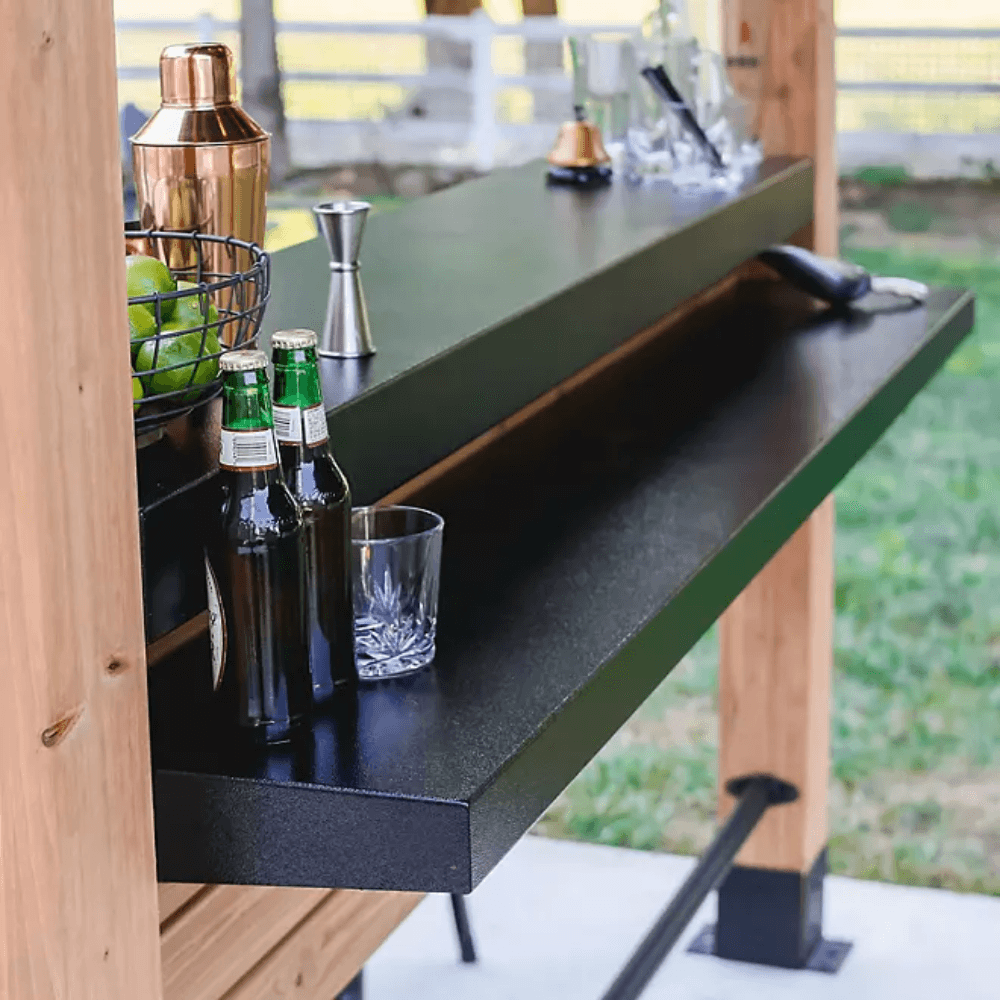 Backyard Discovery Cedar Springs Cedar Wood Outdoor Bar Set with Steel Countertops Shelving and TV Mount Privacy Wall