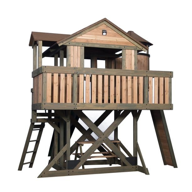 Backyard Discovery Eagles Nest Cedar Wooden Playhouse Playset with 7-Foot Crow's Nest Wave Slide and Rock Climbing Wall