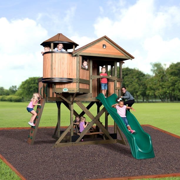 Backyard Discovery Eagles Nest Cedar Wooden Playhouse Playset with 7-Foot Crow's Nest Wave Slide and Rock Climbing Wall
