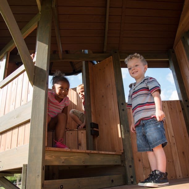 Backyard Discovery Eagles Nest Cedar Wooden Playhouse Playset with 7-Foot Crow's Nest Wave Slide and Rock Climbing Wall