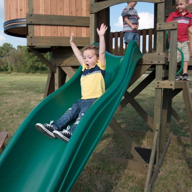 Backyard Discovery Eagles Nest Cedar Wooden Playhouse Playset with 7-Foot Crow's Nest Wave Slide and Rock Climbing Wall