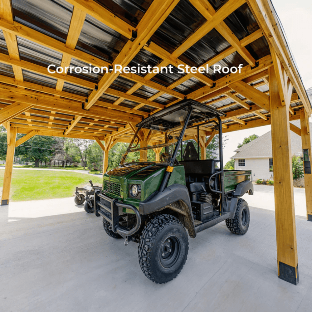 Backyard Discovery Kingsport 20' x 20' Cedar Wood Carport Heavy-Duty Outdoor Vehicle Shelter with Black Steel Roof and PowerPort