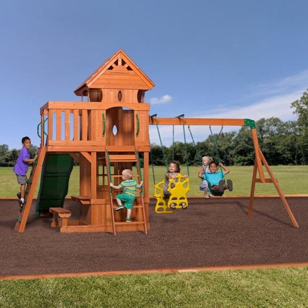 Backyard Discovery Monterey Cedar Wood Playset Swing Set with Double Story Clubhouse Wave Slide and Glider Swing