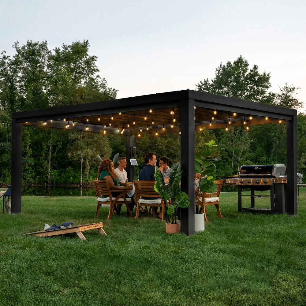 Backyard Discovery Trenton 16' x 12' Modern Galvanized Steel Pergola Black Frame with Shade Sail Canopy and PowerPort