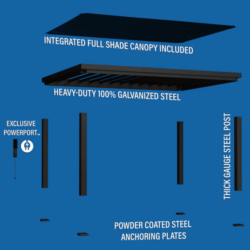 Backyard Discovery Trenton 16' x 12' Modern Galvanized Steel Pergola Black Frame with Shade Sail Canopy and PowerPort