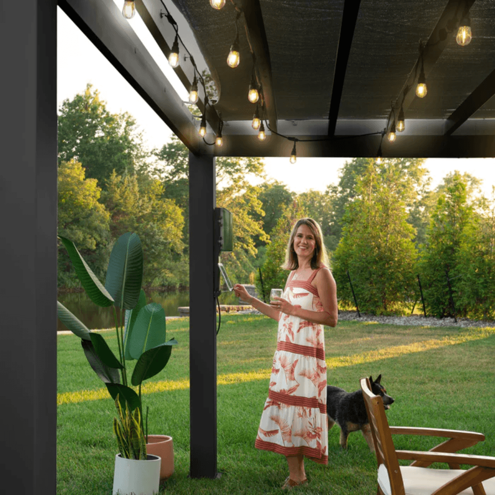 Backyard Discovery Trenton 16' x 12' Modern Galvanized Steel Pergola Black Frame with Shade Sail Canopy and PowerPort
