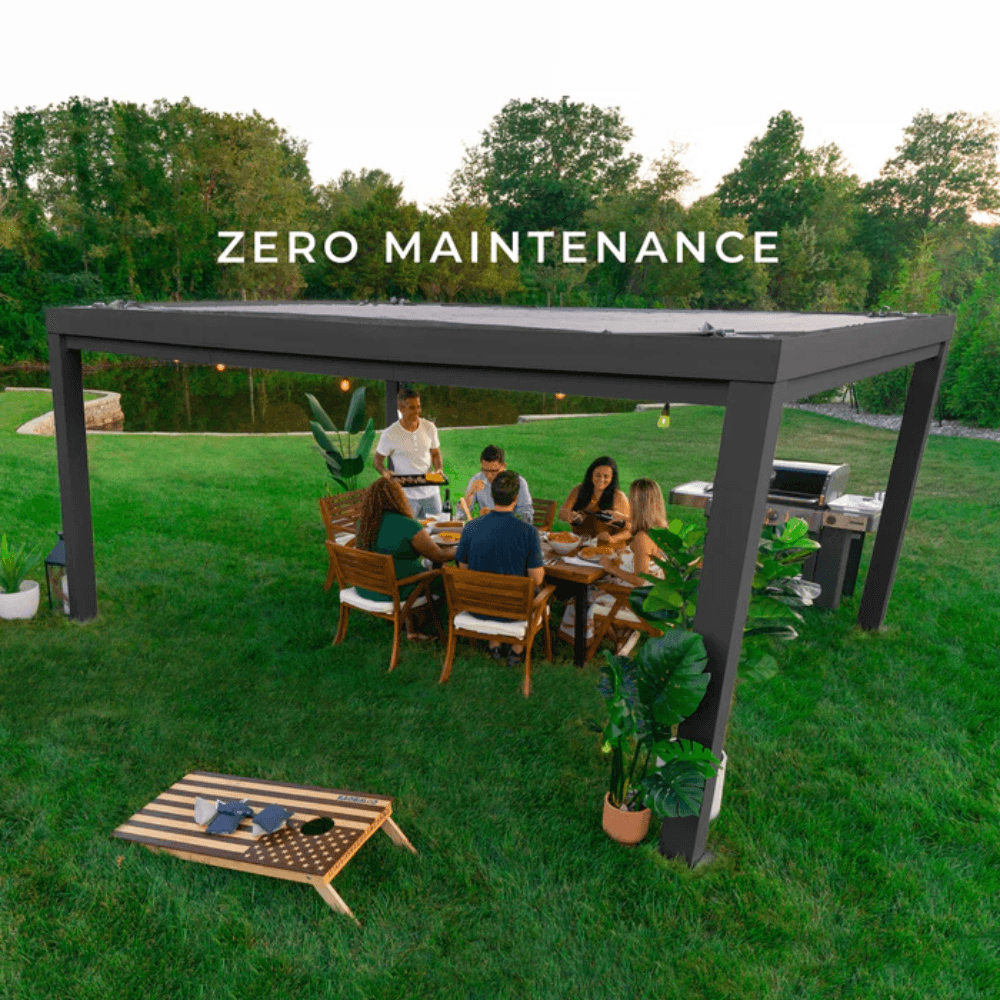 Backyard Discovery Trenton 16' x 12' Modern Galvanized Steel Pergola Black Frame with Shade Sail Canopy and PowerPort