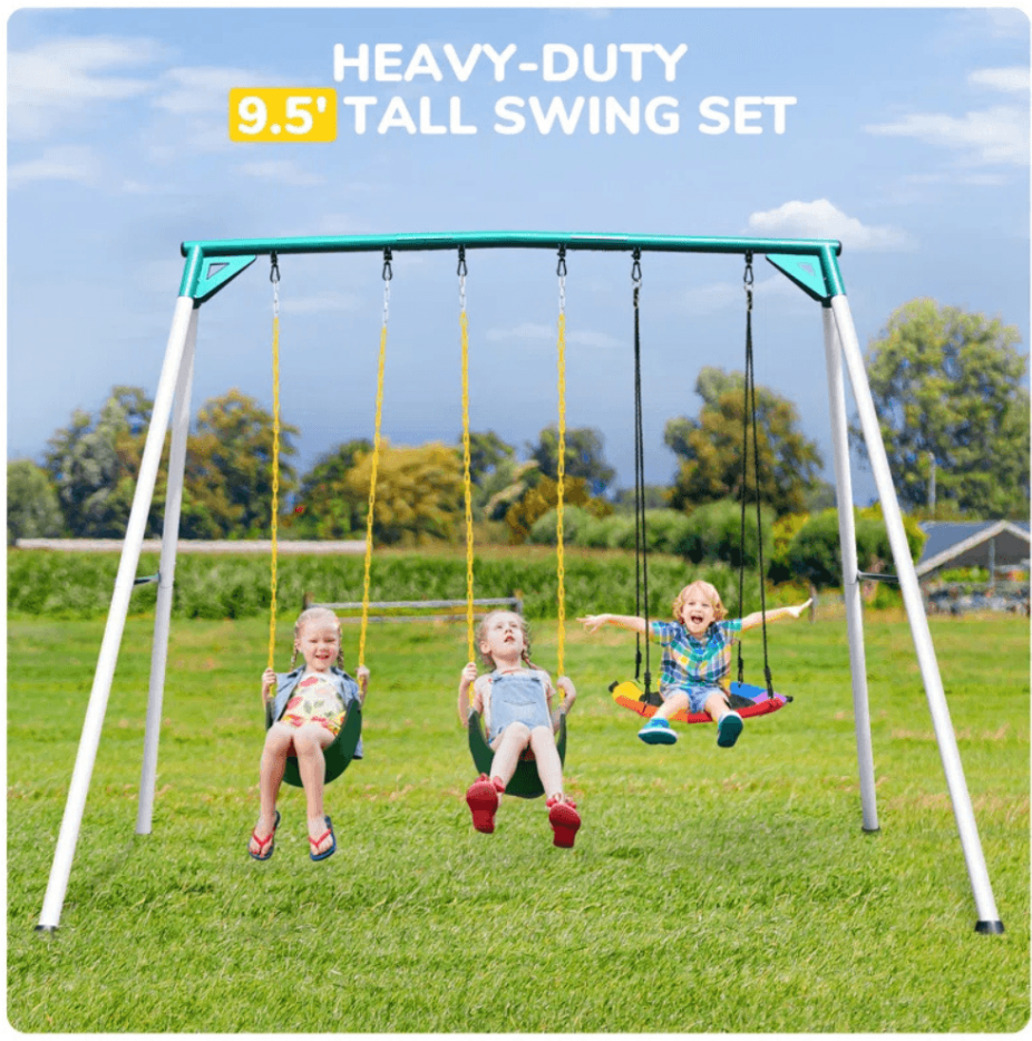 Designasofa 9.5 Ft. Heavy-Duty Metal Outdoor Swing Set with Saucer Swing and 2 Swings