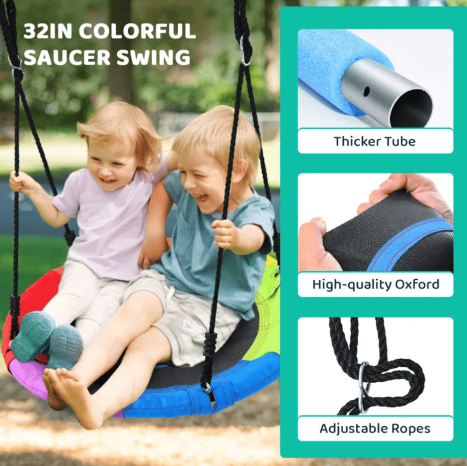 Designasofa 9.5 Ft. Heavy-Duty Metal Outdoor Swing Set with Saucer Swing and 2 Swings