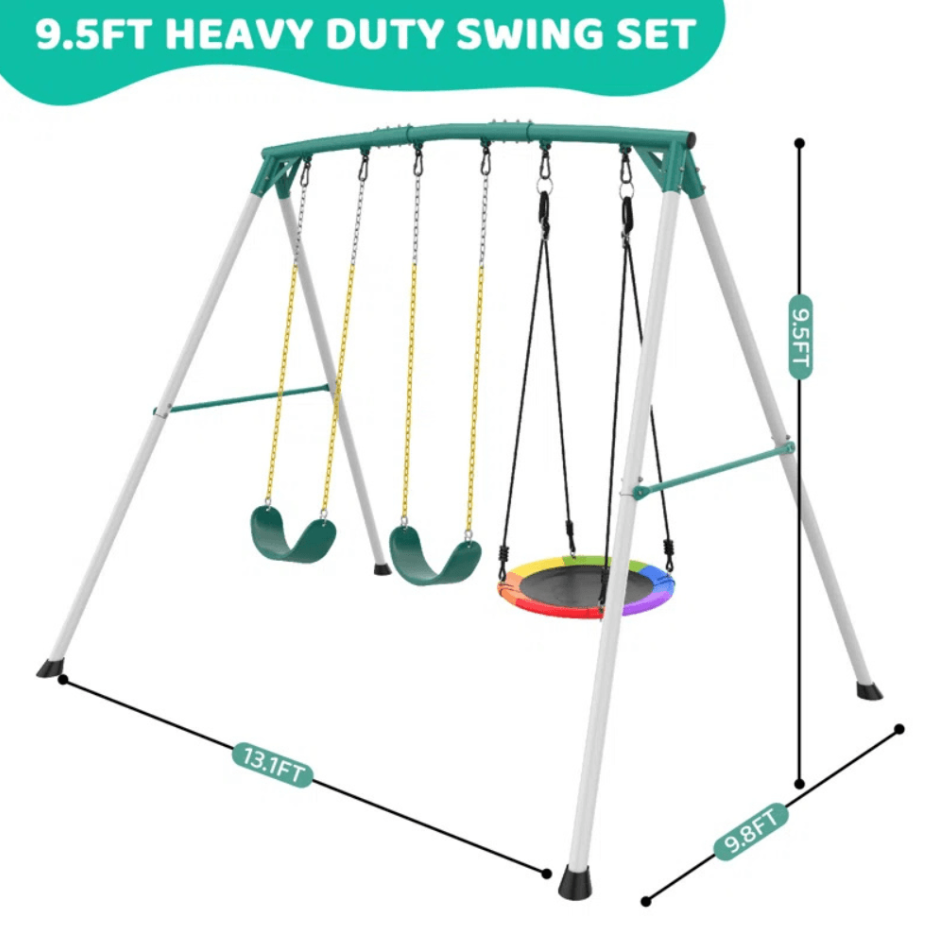 Designasofa 9.5 Ft. Heavy-Duty Metal Outdoor Swing Set with Saucer Swing and 2 Swings