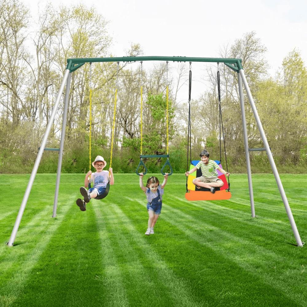 Designasofa 9.5 Ft. Heavy-Duty Metal Swing Set with Belt Swing and Trapeze Bar