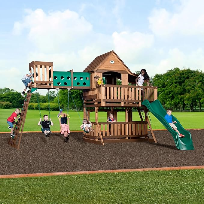 Backyard Discovery Woodridge Elite Wooden Swing Set with Wave Slide and Clubhouse