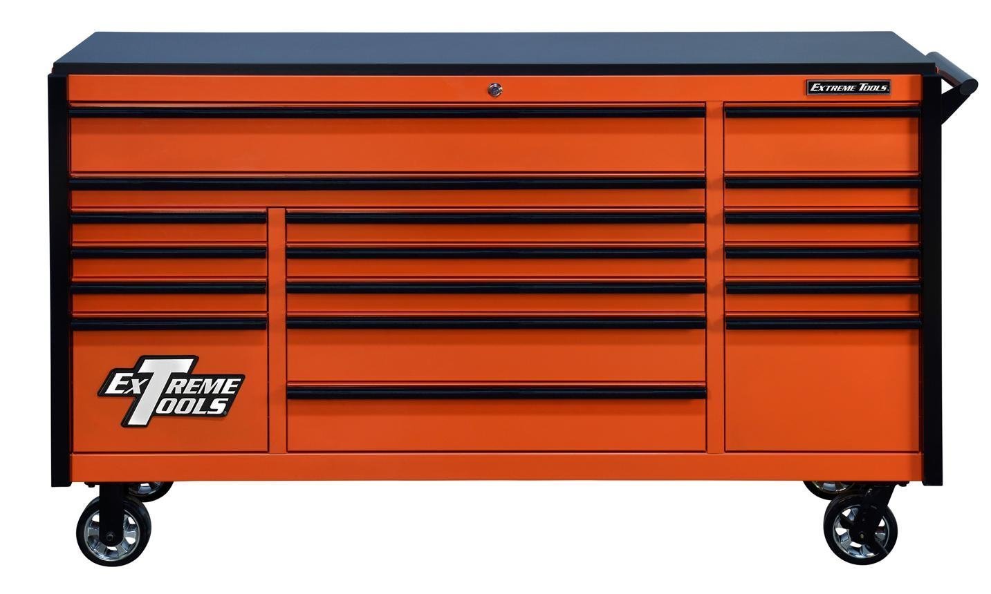 Scratch & Dent, Extreme Tools DX Series 72″ x 21″ Triple Bank Roller Cabinet, 17 Drawers – Orange/Black Showroom Demo - TryIlluminate