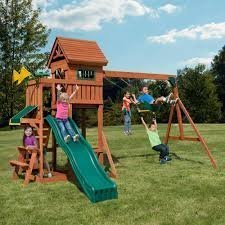 Sedona Summit Complete Wooden Outdoor Playset with Slide, Picnic Table, Swings, and Backyard Swing Set Accessories - TryIlluminate