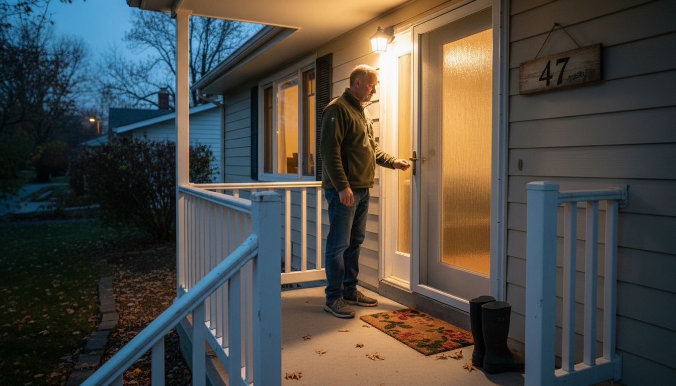 Entryway lit by motion sensor lights at dusk