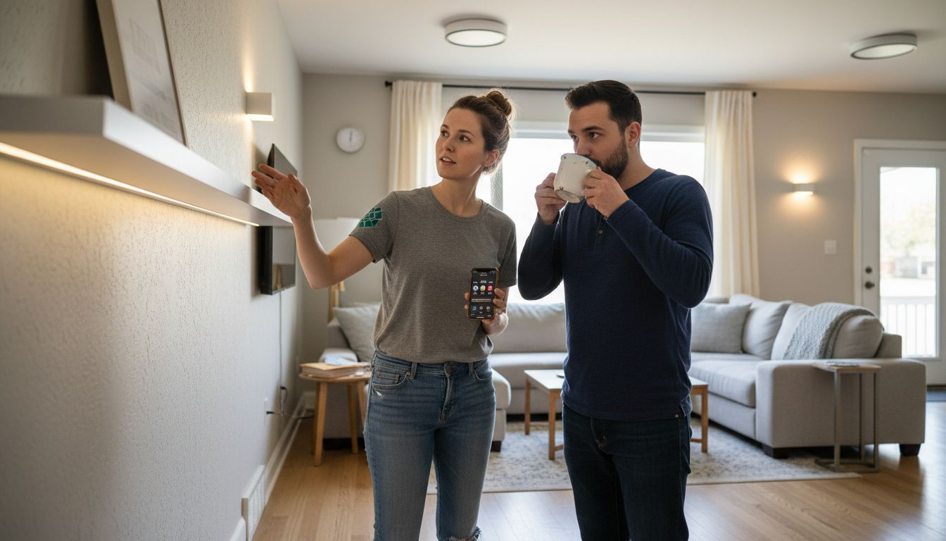 Couple adjusting smart wireless home lighting