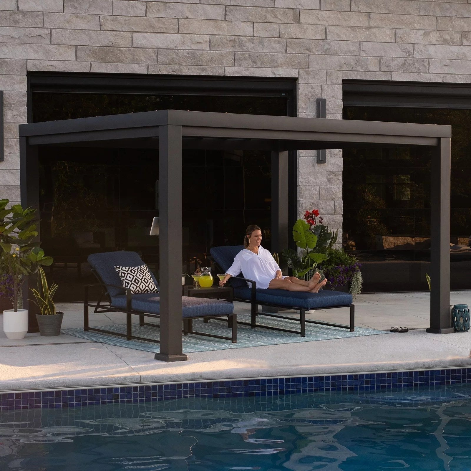 12×10 Trenton Modern Steel Pergola With Sail Shade Soft Canopy - TryIlluminate