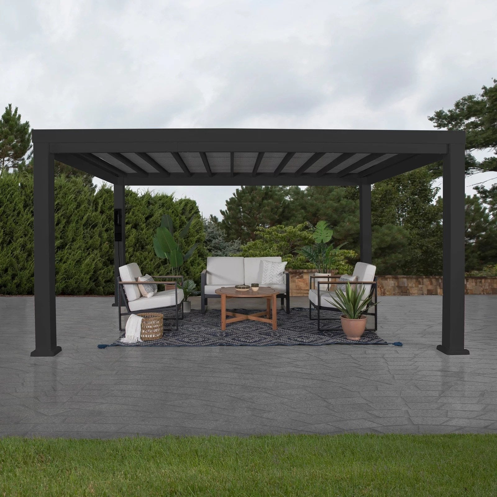 14×10 Trenton Modern Steel Pergola With Sail Shade Soft Canopy - TryIlluminate