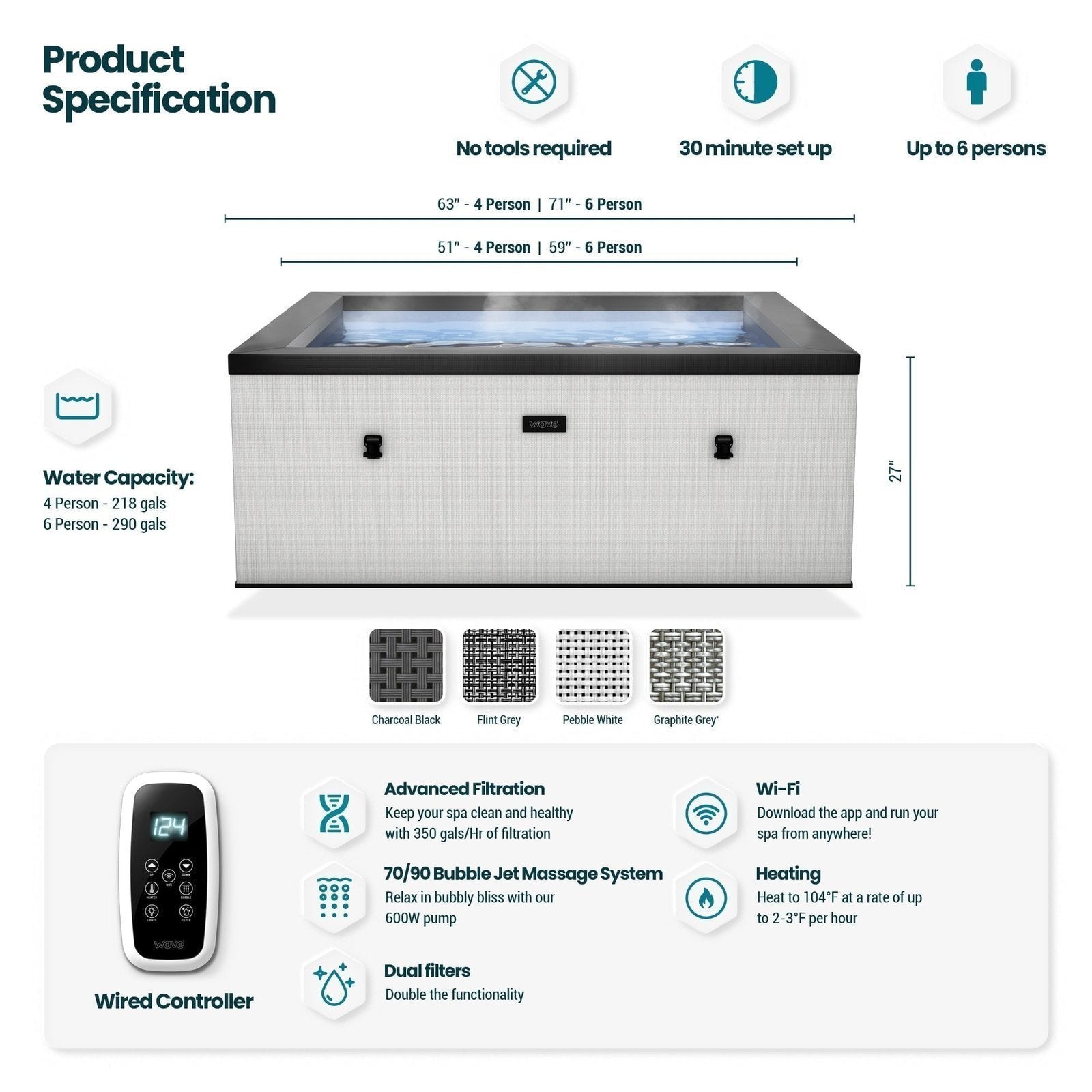 Wave Garda | 4-Person Eco Foam Hot Tub | Integrated Heater | Charcoal Black
