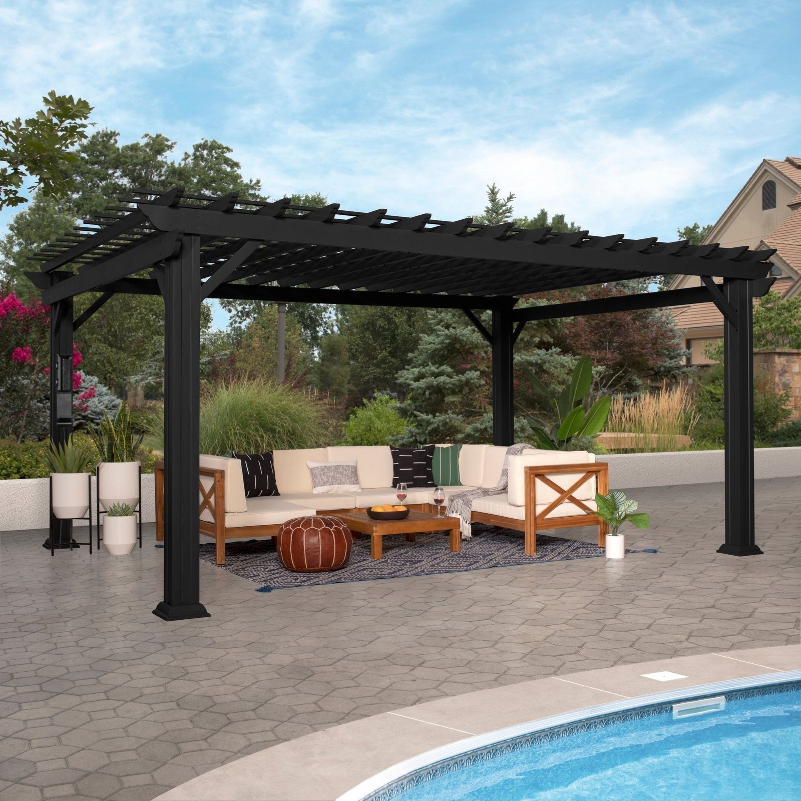 16×12 Stratford Traditional Steel Pergola with Sail Shade - TryIlluminate