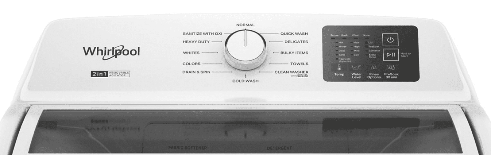 Whirlpool WTW4307SW 4.2–4.3 Cu. Ft. Top Load Washer with 2-in-1 Removable Agitator, Soft Close Glass Lid, White