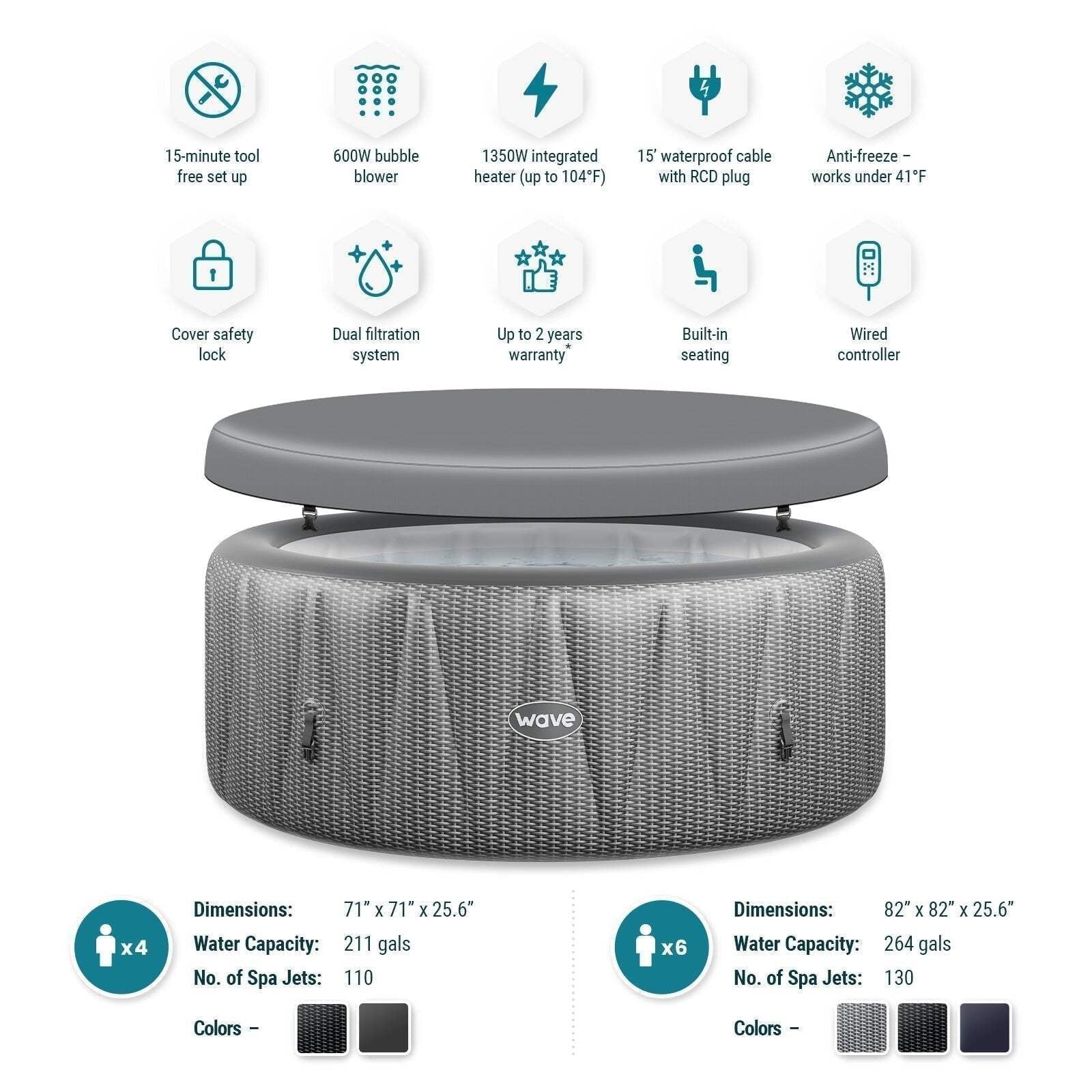 Wave Atlantic 6 Person Round Inflatable Hot Tub, Navy
