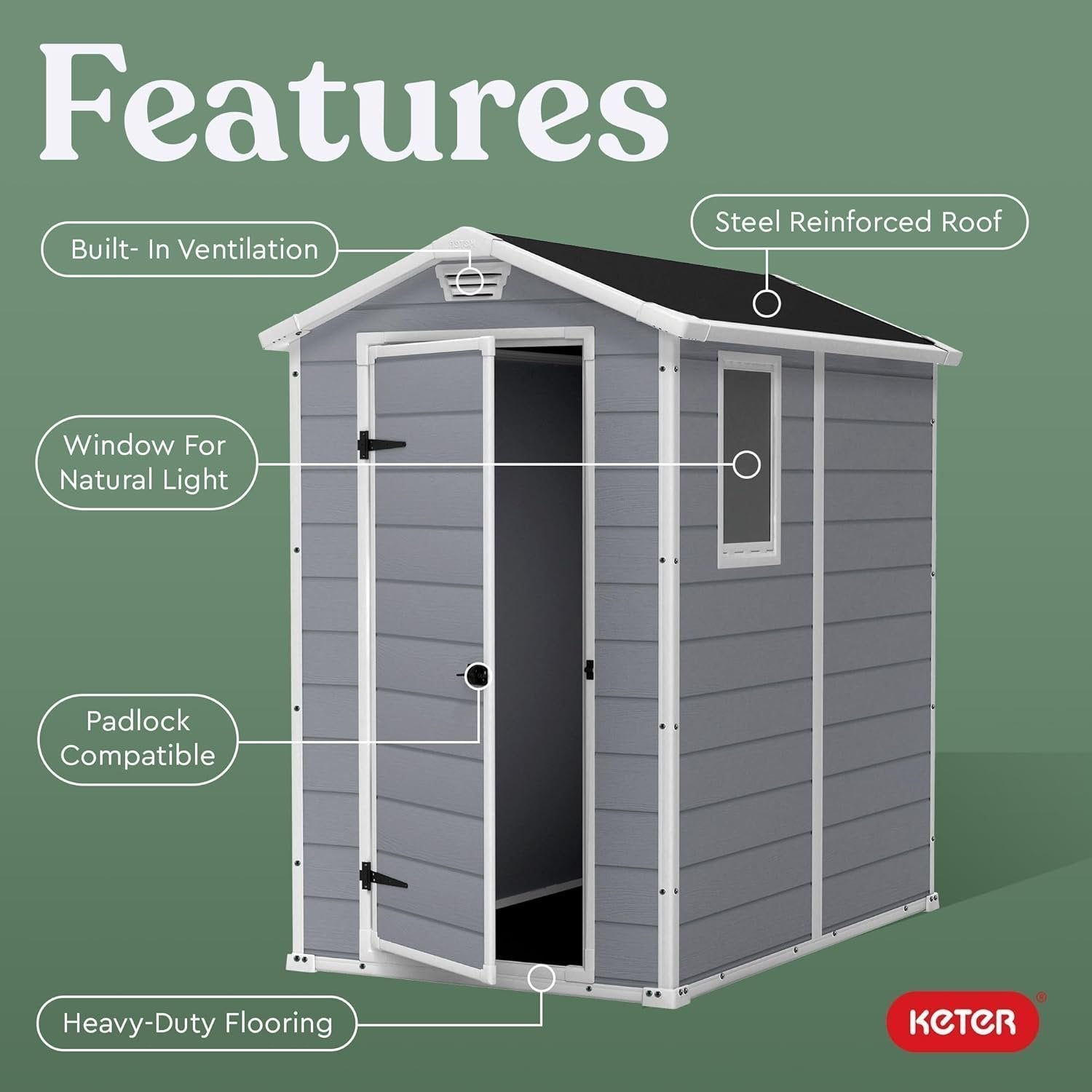 Keter Manor 4×6 Resin Outdoor Storage Shed Kit-Perfect to Store Patio Furniture, Garden Tools Bike Accessories, Beach Chairs and Lawn Mower, Grey & White