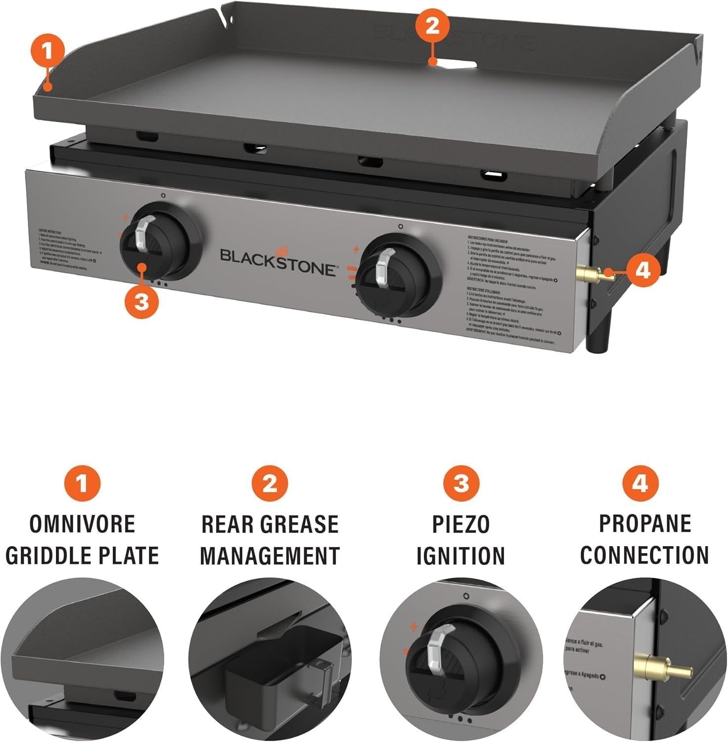 Blackstone 22″ Portable Tabletop Griddle – Dual Burner Flat Top Grill, 24,000 BTU Propane with Stainless Steel Faceplate & Rear Grease System