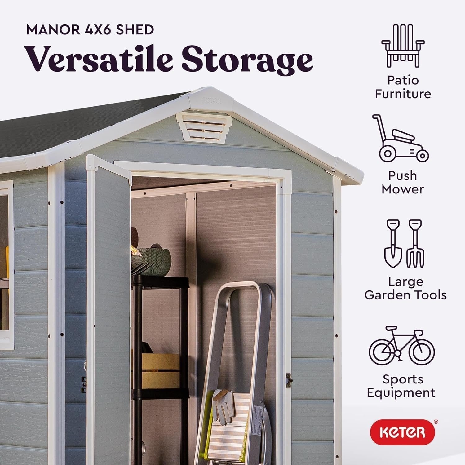 Keter Manor 4×6 Resin Outdoor Storage Shed Kit-Perfect to Store Patio Furniture, Garden Tools Bike Accessories, Beach Chairs and Lawn Mower, Grey & White